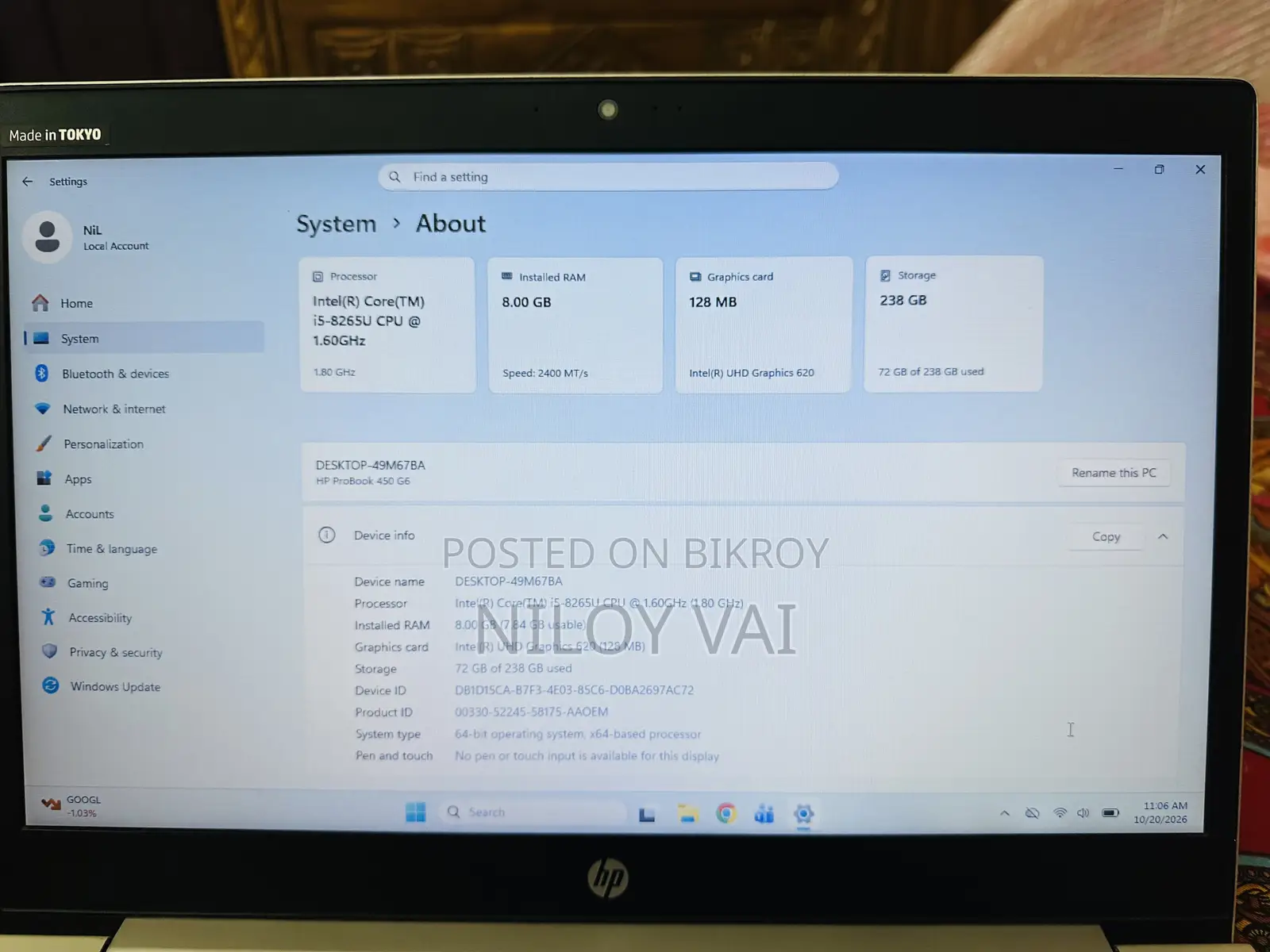 Laptop HP ProBook 450 G6 8GB Intel Core i5 SSD 256GB